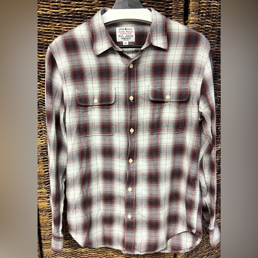 Lucky Brand Burgundy Plaid Casual Button Down Shirt, Size: Medium